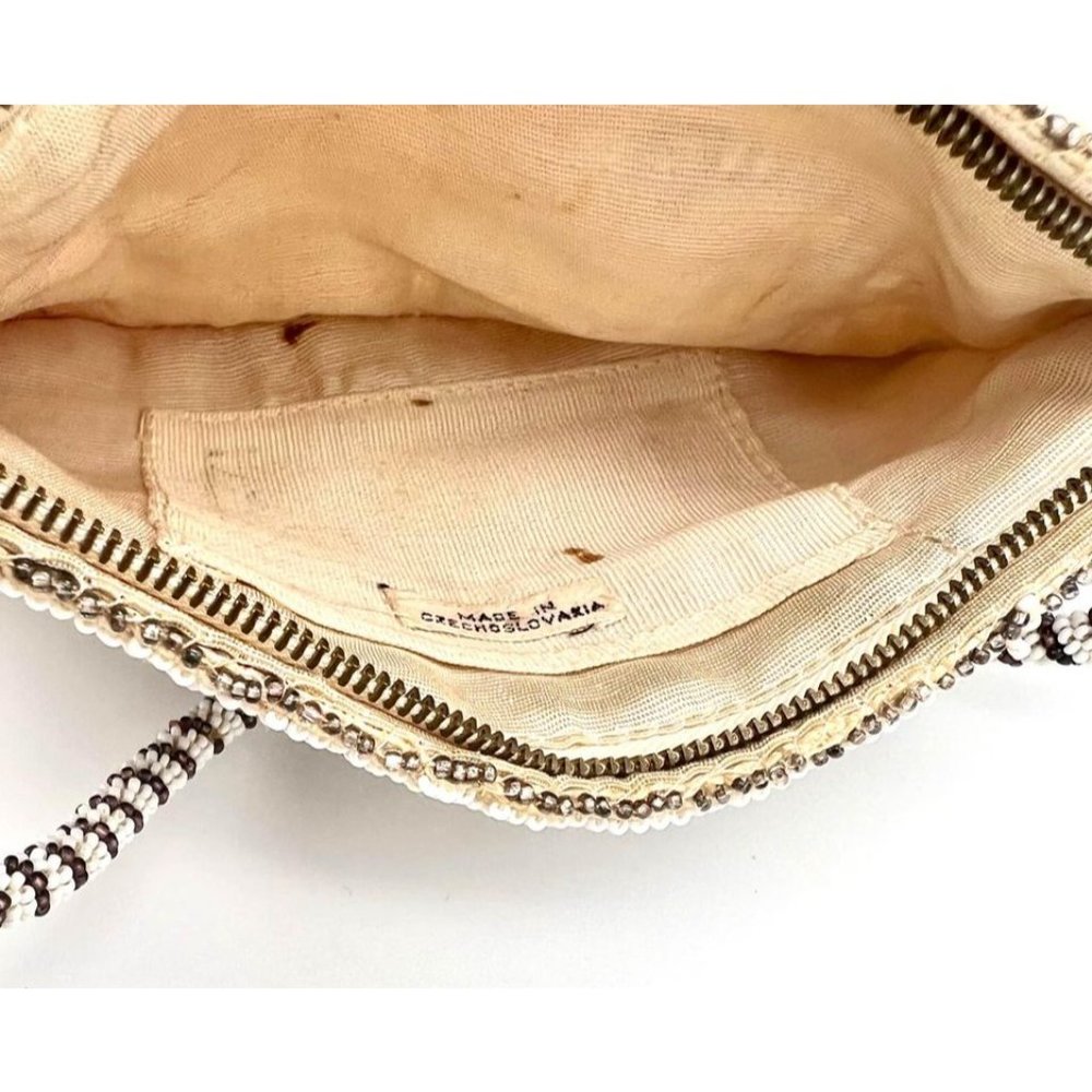 Vintage Art Deco Beaded Purse Bag Czechoslovakia Cream Brown Geometric Patterns - Picture 6 of 6